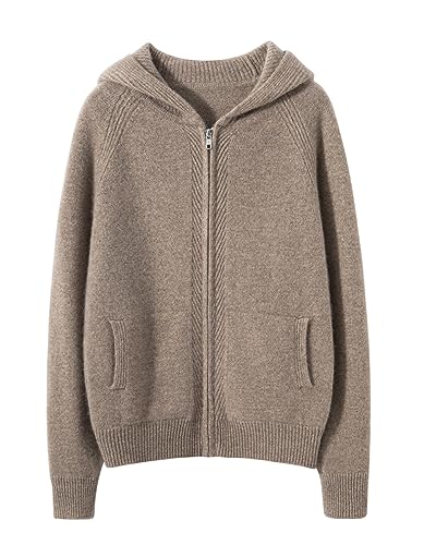DISSA Damen Kaschmir Strickjacke Braun Kapuzen Langarm Cardigan Kaschmir Wolle Reißverschluss Relaxed Dicker Strickjacke,38,ZSBR8336 von DISSA