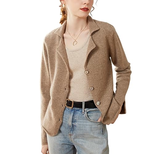 DISSA Damen Kaschmir Strickjacke Braun Revers Langarm Cardigan Kaschmir Wolle Einfarbige Relaxed Dicker Strickjacke,38,SPR2218 von DISSA