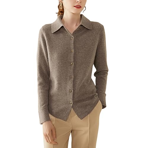 DISSA Damen Kaschmir Strickjacke Braun Revers Langarm Cardigan Kaschmir Wolle Knöpfen Schlanker Dünner Strickjacke,36,SH346 von DISSA