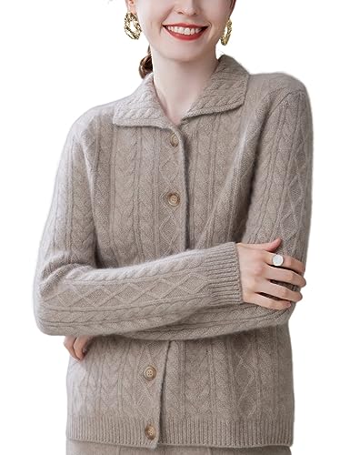 DISSA Damen Kaschmir Strickjacke Braun Revers Langarm Cardigan Kaschmir Wolle Zopfmuster Relaxed Dicker Strickjacke,42,ZSBR8326 von DISSA