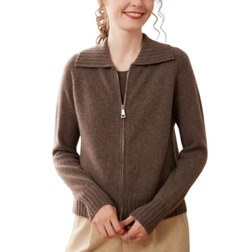 DISSA Damen Kaschmir Strickjacke Braun Revers Langarm Strickpullover Damen Kaschmir Wolle Reißverschluss Relaxed Dicker Pullover,EU 42,SPR2477 von DISSA