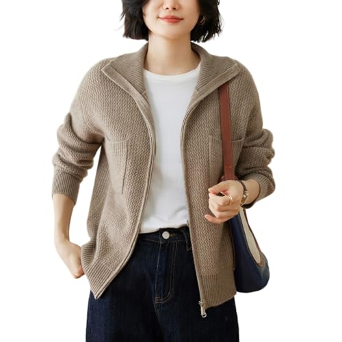 DISSA Damen Kaschmir Strickjacke Braun Rollkragen Langarm Strickpullover Damen Kaschmir Wolle Taschen Relaxed Dicker Pullover,EU 40,YD24160 von DISSA