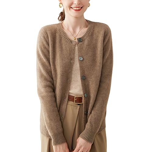DISSA Damen Kaschmir Strickjacke Braun Rundhals Langarm Cardigan Kaschmir Wolle Knöpfen Schlanker Dicker Strickjacke,40,SH366 von DISSA