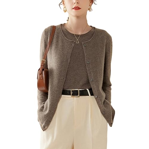 DISSA Damen Kaschmir Strickjacke Braun Rundhals Langarm Cardigan Kaschmir Wolle Knöpfen Schlanker Dünner Strickjacke,42,SH344 von DISSA