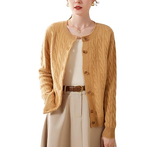 DISSA Damen Kaschmir Strickjacke Braun Rundhals Langarm Cardigan Kaschmir Wolle Zopfmuster Relaxed Dicker Strickjacke,38,SPR2330 von DISSA