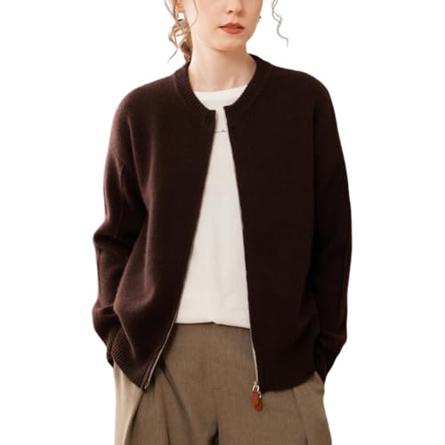 DISSA Damen Kaschmir Strickjacke Braun Rundhals Langarm Strickpullover Damen Kaschmir Wolle Reißverschluss Relaxed Dicker Pullover,EU Einheitsgröße,SPR2451 von DISSA