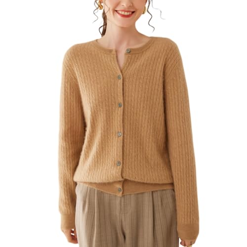 DISSA Damen Kaschmir Strickjacke Braun Rundhals Langarm Strickpullover Damen Kaschmir Wolle Zopfmuster Relaxed Dicker Pullover,EU 46,DF8106 von DISSA