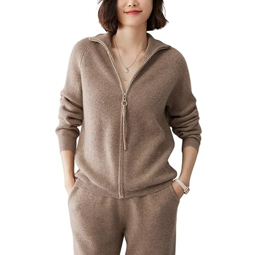 DISSA Damen Kaschmir Strickjacke Braun Stehkragen Langarm Cardigan Kaschmir Wolle Reißverschluss Schlanker Dünner Strickjacke,40,YD2342 von DISSA