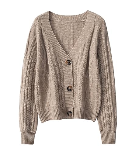 DISSA Damen Kaschmir Strickjacke Braun V-Ausschnitt Langarm Cardigan Kaschmir Wolle Zopfmuster Relaxed Dünner Strickjacke,Einheitsgröße,ZSBR8307 von DISSA