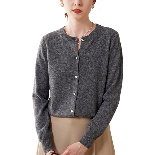 DISSA Damen Kaschmir Strickjacke Dunkelgrau Rundhals Langarm Cardigan Kaschmir Wolle Einfarbige Schlanker Dünner Strickjacke,38,SPR2248 von DISSA