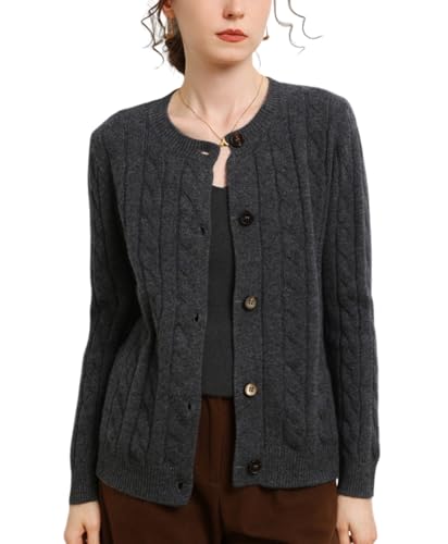 DISSA Damen Kaschmir Strickjacke Dunkelgrau Rundhals Langarm Strickpullover Damen Kaschmir Wolle Zopfmuster Schlanker Dicker Pullover,EU 40,MZ2431 von DISSA