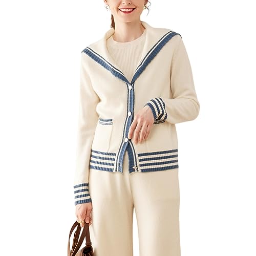DISSA Damen Kaschmir Strickjacke Elfenbein Revers Langarm Cardigan Kaschmir Wolle Gestreifter Schlanker Dünner Strickjacke,38,RMS3311 von DISSA