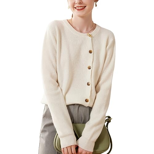 DISSA Damen Kaschmir Strickjacke Elfenbein Rundhals Langarm Cardigan Kaschmir Wolle Einfarbige Relaxed Dicker Strickjacke,42,SPR2311 von DISSA