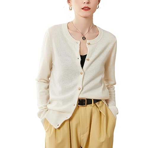DISSA Damen Kaschmir Strickjacke Elfenbein Rundhals Langarm Cardigan Kaschmir Wolle Einfarbige Schlanker Dünner Strickjacke,38,SPR2249 von DISSA