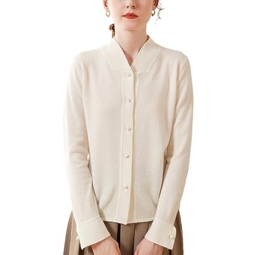 DISSA Damen Kaschmir Strickjacke Elfenbein Stehkragen Langarm Cardigan Kaschmir Wolle Einfarbige Schlanker Dünner Strickjacke,42,SPR2313 von DISSA