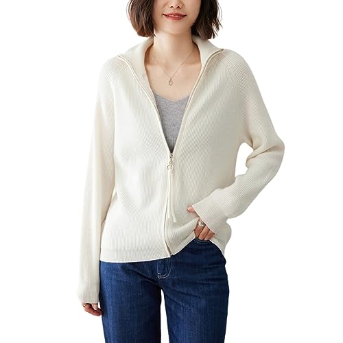 DISSA Damen Kaschmir Strickjacke Elfenbein Stehkragen Langarm Cardigan Kaschmir Wolle Reißverschluss Schlanker Dünner Strickjacke,42,YD2342 von DISSA