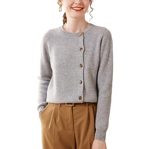 DISSA Damen Kaschmir Strickjacke Grau Rundhals Langarm Cardigan Kaschmir Wolle Einfarbige Relaxed Dicker Strickjacke,42,SPR2311 von DISSA