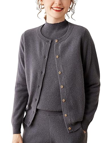 DISSA Damen Kaschmir Strickjacke Grau Rundhals Langarm Cardigan Kaschmir Wolle Knöpfen Schlanker Dünner Strickjacke,40,DF8029 von DISSA