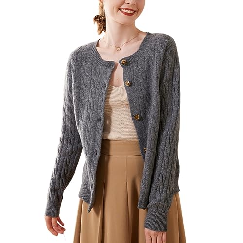 DISSA Damen Kaschmir Strickjacke Grau Rundhals Langarm Cardigan Kaschmir Wolle Zopfmuster Relaxed Dicker Strickjacke,38,SPR2330 von DISSA