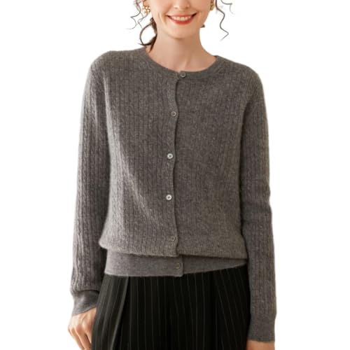 DISSA Damen Kaschmir Strickjacke Grau Rundhals Langarm Strickpullover Damen Kaschmir Wolle Zopfmuster Relaxed Dicker Pullover,EU 44,DF8106 von DISSA