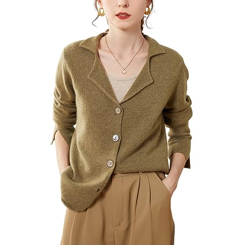 DISSA Damen Kaschmir Strickjacke Grün Revers Langarm Cardigan Kaschmir Wolle Einfarbige Relaxed Dicker Strickjacke,38,SPR2218 von DISSA