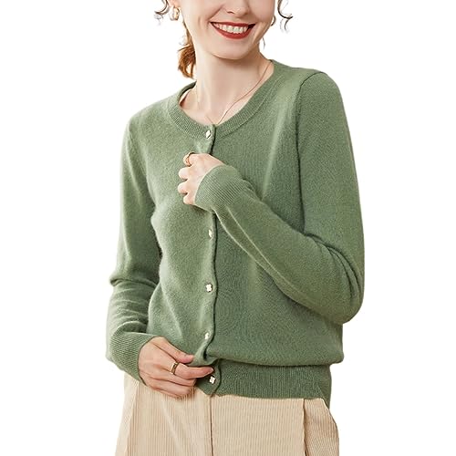 DISSA Damen Kaschmir Strickjacke Grün Rundhals Langarm Cardigan Kaschmir Wolle Einfarbige Schlanker Dünner Strickjacke,44,SPR2248 von DISSA