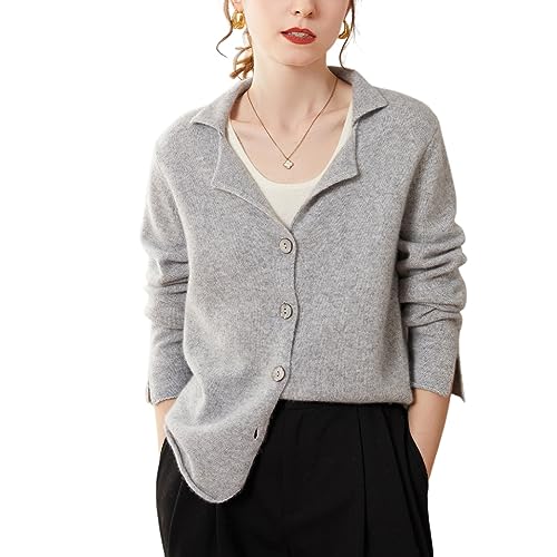 DISSA Damen Kaschmir Strickjacke Hellgrau Revers Langarm Cardigan Kaschmir Wolle Einfarbige Relaxed Dicker Strickjacke,38,SPR2218 von DISSA