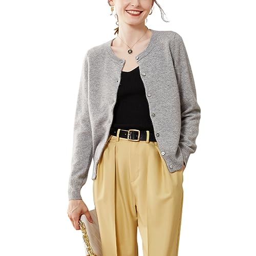 DISSA Damen Kaschmir Strickjacke Hellgrau Rundhals Langarm Cardigan Kaschmir Wolle Einfarbige Relaxed Dünner Strickjacke,38,SPR1201 DISSA Damen Kaschmir Strickjacke Hellgrau Rundhals Langarm Cardigan Kaschmir Wolle Einfarbige Relaxed Dünner Strickjacke,38,SPR1201 von DISSA