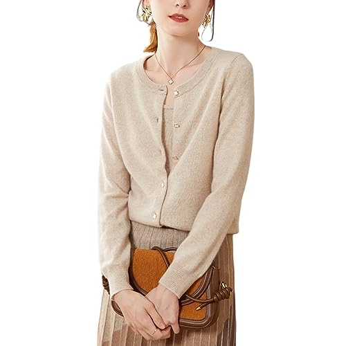 DISSA Damen Kaschmir Strickjacke Kamel Rundhals Langarm Cardigan Kaschmir Wolle Einfarbige Schlanker Dünner Strickjacke,44,SPR2248 von DISSA