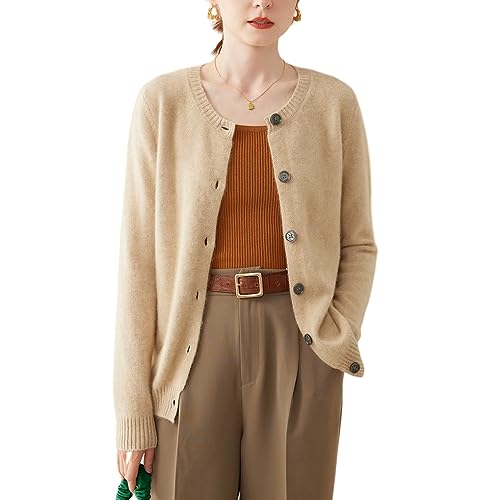 DISSA Damen Kaschmir Strickjacke Kamel Rundhals Langarm Cardigan Kaschmir Wolle Knöpfen Schlanker Dicker Strickjacke,40,SH366 von DISSA