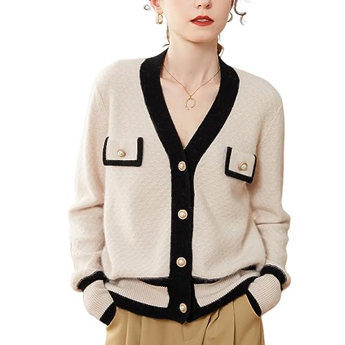 DISSA Damen Kaschmir Strickjacke Kamel V-Ausschnitt Langarm Cardigan Kaschmir Wolle Taschen Relaxed Dicker Strickjacke,42,SPR1707 von DISSA