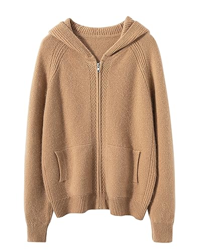 DISSA Damen Kaschmir Strickjacke Khaki Kapuzen Langarm Cardigan Kaschmir Wolle Reißverschluss Relaxed Dicker Strickjacke,42,ZSBR8336 von DISSA