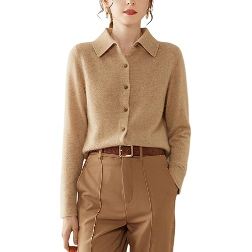 DISSA Damen Kaschmir Strickjacke Khaki Revers Langarm Cardigan Kaschmir Wolle Knöpfen Schlanker Dünner Strickjacke,40,SH346 von DISSA