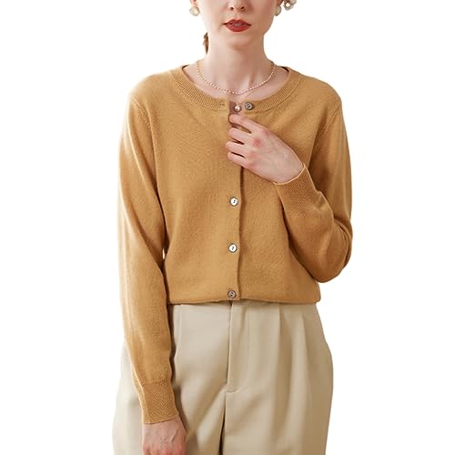 DISSA Damen Kaschmir Strickjacke Khaki Rundhals Langarm Cardigan Kaschmir Wolle Einfarbige Relaxed Dünner Strickjacke,40,SPR1201 von DISSA