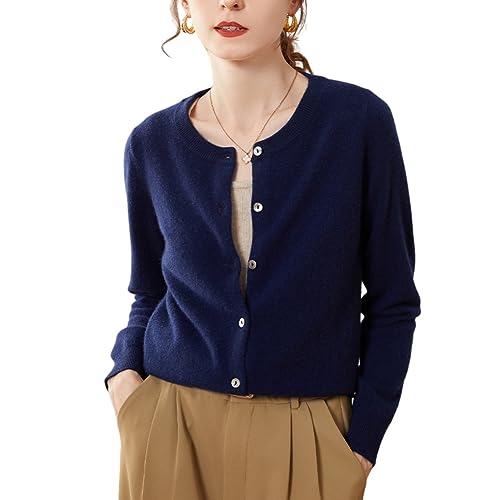 DISSA Damen Kaschmir Strickjacke Marineblau Rundhals Langarm Cardigan Kaschmir Wolle Einfarbige Relaxed Dünner Strickjacke,36,SPR1201 von DISSA