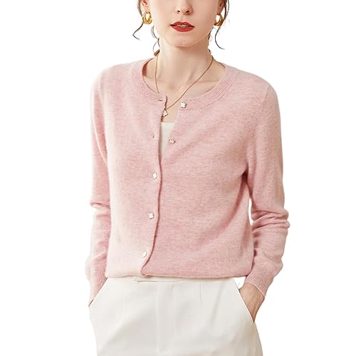 DISSA Damen Kaschmir Strickjacke Rosa Rundhals Langarm Cardigan Kaschmir Wolle Einfarbige Schlanker Dünner Strickjacke,36,SPR2248 von DISSA