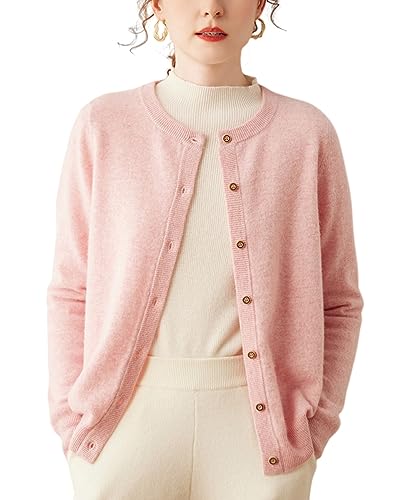 DISSA Damen Kaschmir Strickjacke Rosa Rundhals Langarm Cardigan Kaschmir Wolle Knöpfen Schlanker Dünner Strickjacke,42,DF8029 von DISSA