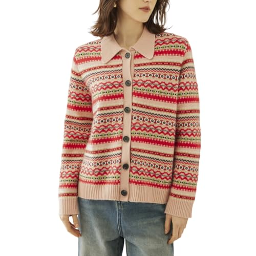 DISSA Damen Kaschmir Strickjacke Rot Revers Langarm Strickpullover Damen Kaschmir Wolle Gestreifter Relaxed Dicker Pullover,EU 42,RMS3375 von DISSA