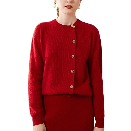 DISSA Damen Kaschmir Strickjacke Rot Rundhals Langarm Cardigan Kaschmir Wolle Einfarbige Relaxed Dicker Strickjacke,42,SPR2311 von DISSA