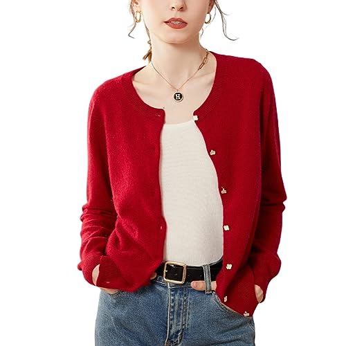 DISSA Damen Kaschmir Strickjacke Rot Rundhals Langarm Cardigan Kaschmir Wolle Einfarbige Schlanker Dünner Strickjacke,42,SPR2248 von DISSA