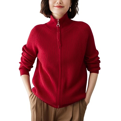 DISSA Damen Kaschmir Strickjacke Rot Stehkragen Langarm Cardigan Kaschmir Wolle Reißverschluss Schlanker Dünner Strickjacke,40,YD2342 von DISSA