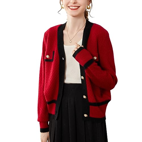 DISSA Damen Kaschmir Strickjacke Rot V-Ausschnitt Langarm Cardigan Kaschmir Wolle Taschen Relaxed Dicker Strickjacke,42,SPR1707 von DISSA