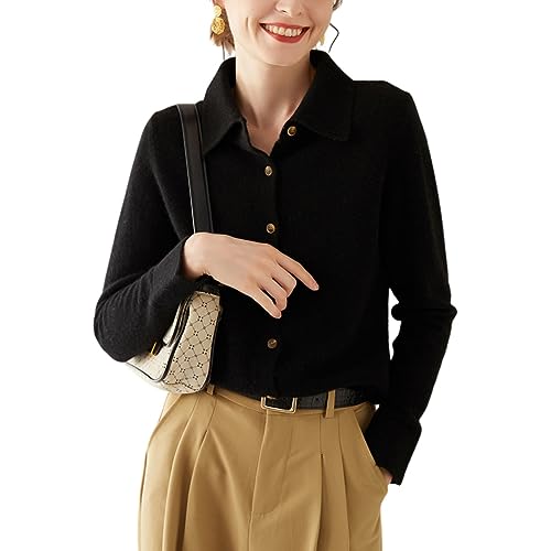 DISSA Damen Kaschmir Strickjacke Schwarz Revers Langarm Cardigan Kaschmir Wolle Knöpfen Schlanker Dünner Strickjacke,36,SH346 von DISSA