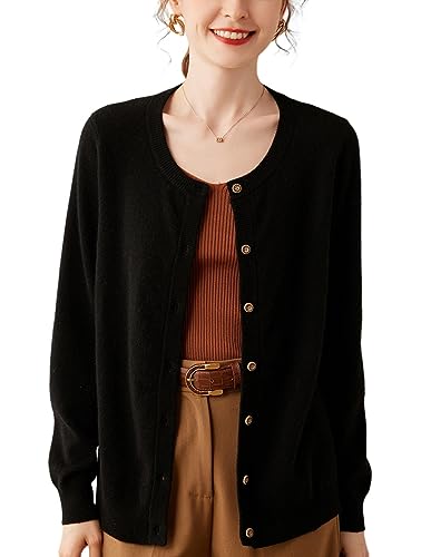 DISSA Damen Kaschmir Strickjacke Schwarz Rundhals Langarm Cardigan Kaschmir Wolle Knöpfen Schlanker Dünner Strickjacke,46,DF8029 von DISSA