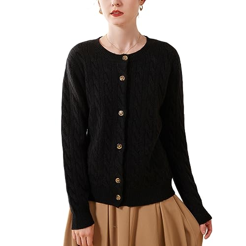 DISSA Damen Kaschmir Strickjacke Schwarz Rundhals Langarm Cardigan Kaschmir Wolle Zopfmuster Relaxed Dicker Strickjacke,40,SPR2330 von DISSA