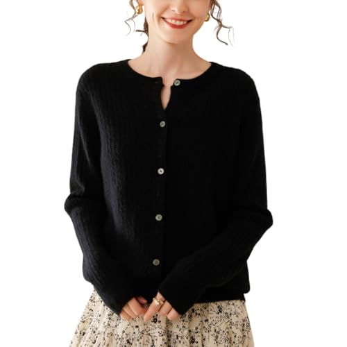 DISSA Damen Kaschmir Strickjacke Schwarz Rundhals Langarm Strickpullover Damen Kaschmir Wolle Zopfmuster Relaxed Dicker Pullover,EU 42,DF8106 von DISSA