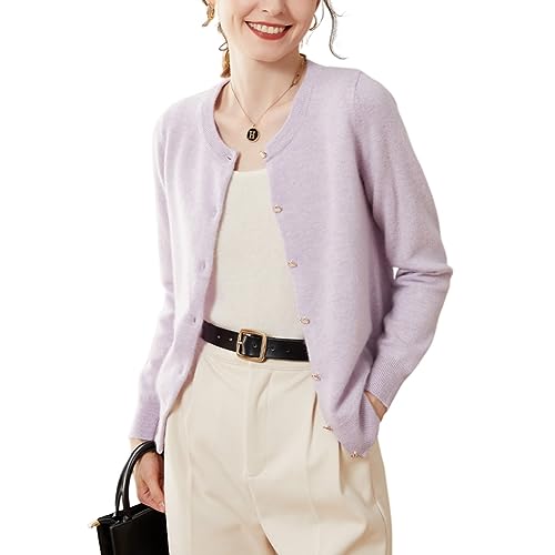DISSA Damen Kaschmir Strickjacke Violett Rundhals Langarm Cardigan Kaschmir Wolle Einfarbige Schlanker Dünner Strickjacke,38,SPR2248 von DISSA