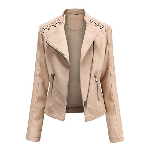 DISSA Damen Khaki Kunstleder Motorrad Jacke Lederjacke Schlank Reißverschluss Stehkragen Kurz Mantel,36,P6638 von DISSA