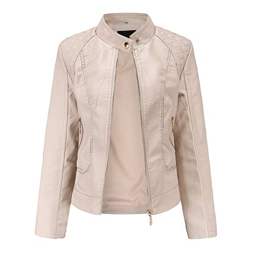 DISSA Damen Khaki Kunstleder Motorrad Jacke Lederjacke Schlank Reißverschluss Stehkragen Kurz Mantel,40,PB536 von DISSA