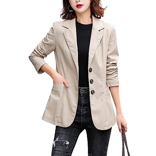 DISSA Damen Kunstleder Beige Blazer Jacke Kurz Lose Langarm Knopfleiste Lederjacke Mantel,EU 42,C7005 von DISSA